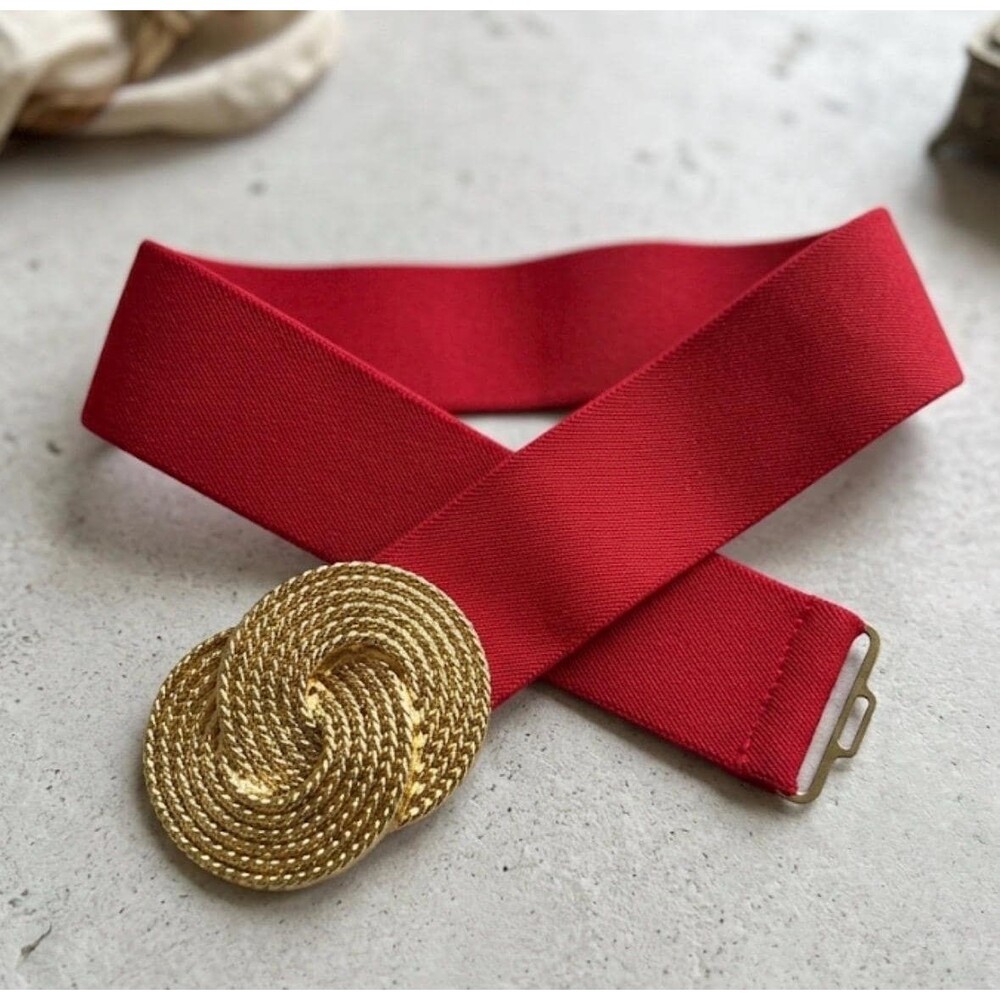 Vintage Mimi Di N Red Elastic Statement Belt Gold Swirl Knot Rope Buckle
